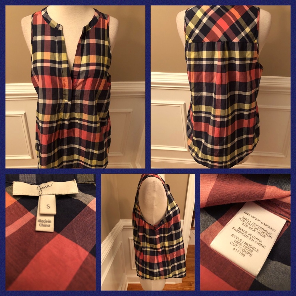 Joie Aruna Plaid Sleeveless Blouse Size Small